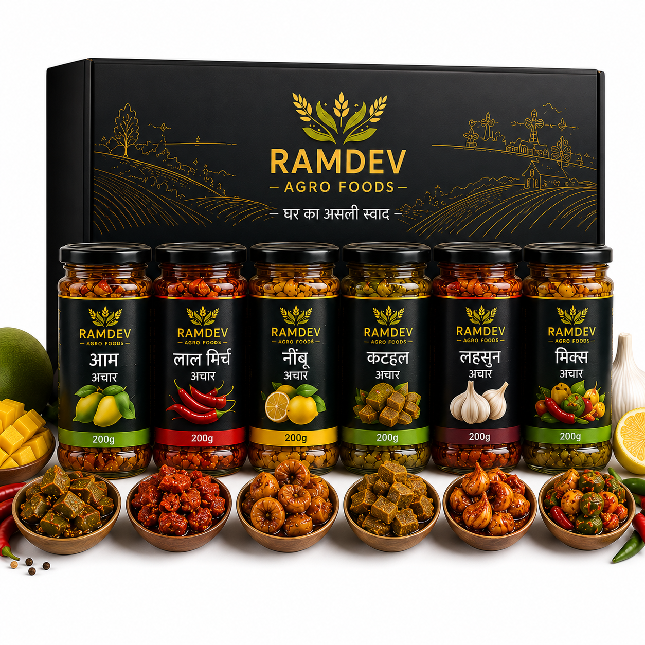 Ramdev Royal 6 Achar Combo Pack (200g x 6) | Premium Homemade Style Pickles | 1.2 KG